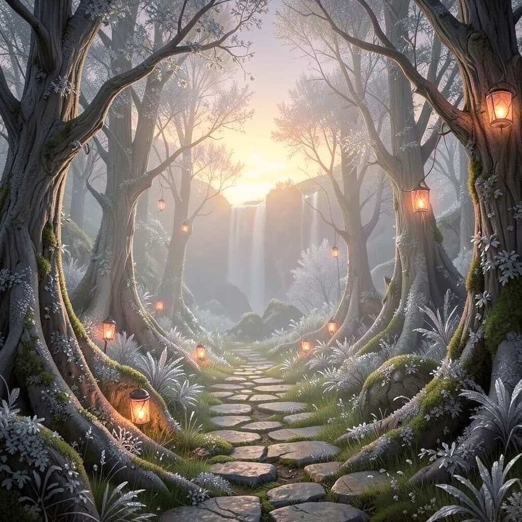 AI generated fantasy forest illuminated by ethereal glowing flora and sunlight shafts