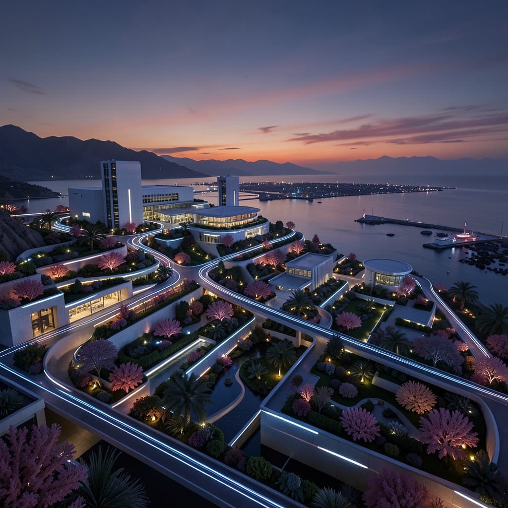 AI generated futuristic metropolis with illuminated skyscrapers and flying transports
