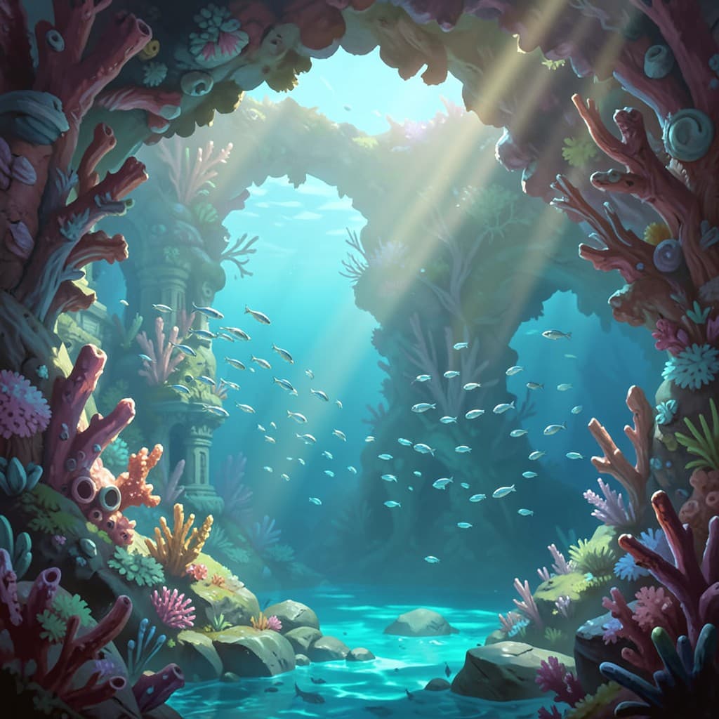 AI generated ancient stone monument submerged in crystalline turquoise ocean waters