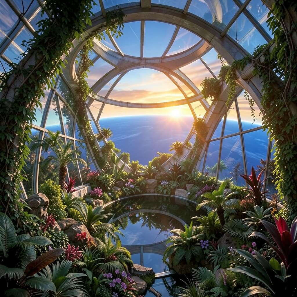 AI generated biodome space habitat featuring botanical gardens orbiting Earth