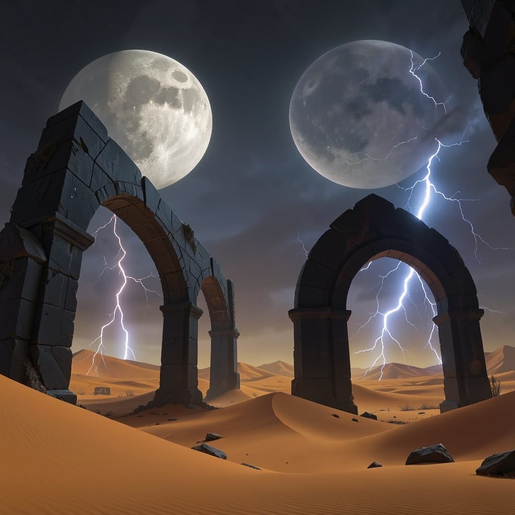 AI generated alien desert landscape featuring rolling sand dunes under twin moons